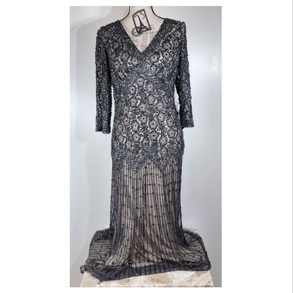 Pisarro Nights Beaded Illusion Evening Gown, Charcoal Gray, Womens Size 10 - Picture 2 of 8